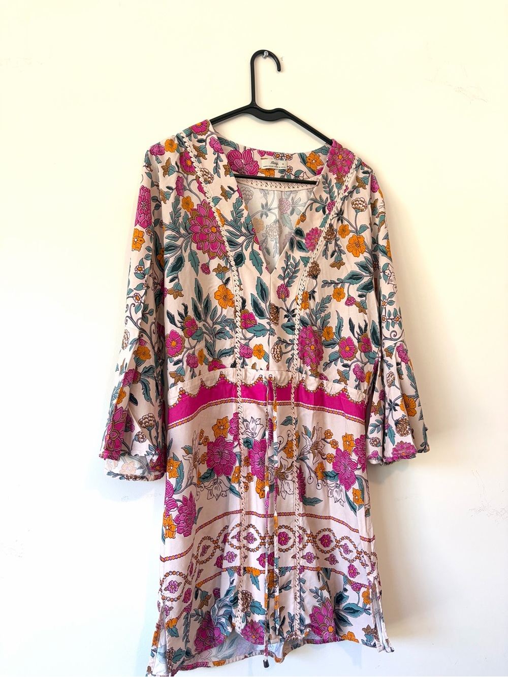 Maaji Cream Floral Tie-Waist V-Neck Dress with Pink & Orange Accents - Picture 8 of 12